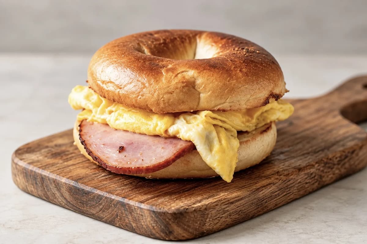 Ham, egg and cheese on a bagel