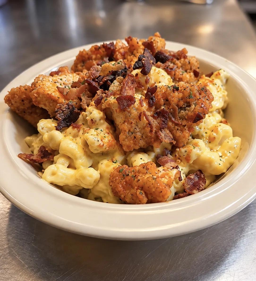 Mac and cheese with fried chicken and bacon